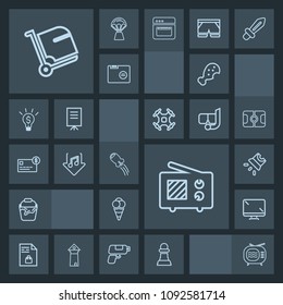 Modern, simple, dark vector icon set with game, cream, horse, chicken, tv, wireless, handle, craft, snack, strategy, television, travel, airport, meal, ball, signal, dessert, music, screen, list icons
