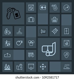 Modern, simple, dark vector icon set with housework, store, environment, summer, tipper, upload, real, tshirt, sign, guitar, ironing, house, music, basket, sale, arrow, key, button, musical, sea icons