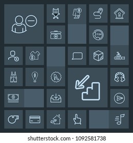 Modern, simple, dark vector icon set with downstairs, up, web, fashion, melody, help, finger, money, musical, communication, sign, business, call, audio, frame, bank, upstairs, message, click icons