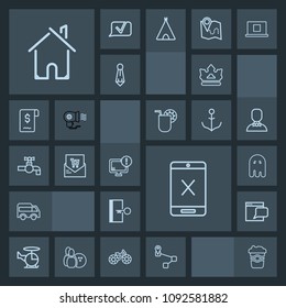Modern, simple, dark vector icon set with internet, subscription, coaxial, navigation, website, communication, ghost, house, highway, door, king, move, exit, left, estate, escape, mug, royal icons