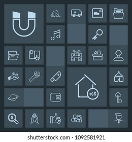Modern, simple, dark vector icon set with door, astronomy, metal, field, space, security, search, vintage, magnetic, gold, travel, people, key, sign, knife, team, planet, purse, orbit, finance icons