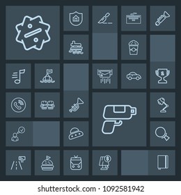 Modern, simple, dark vector icon set with page, lamp, musical, paper, sign, coffee, drink, game, sale, cup, spaceship, gun, complete, magnifying, book, ship, discount, street, search, profile icons