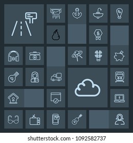 Modern, simple, dark vector icon set with home, guitar, place, musical, sun, transportation, woman, lady, young, travel, laptop, cloud, wooden, sunglasses, concert, first, vehicle, girl, lorry icons
