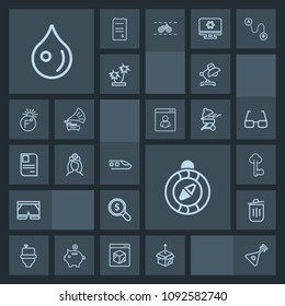 Modern, simple, dark vector icon set with compass, string, cardboard, home, musical, can, bathroom, package, table, east, restroom, wear, toilet, bin, lock, template, interior, abstract, drop icons