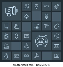 Modern, simple, dark vector icon set with call, speaker, name, map, technology, tv, circle, communication, electric, megaphone, location, electricity, lamp, medical, board, loudspeaker, bulb, id icons
