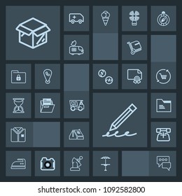 Modern, simple, dark vector icon set with paper, message, shirt, communication, white, baggage, cardboard, domestic, pub, iron, cafe, light, house, hand, new, folder, unpacking, roof, package icons
