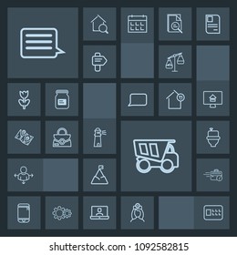 Modern, simple, dark vector icon set with sea, business, message, weight, lock, vehicle, security, tipper, road, computer, healthcare, dumper, landscape, balance, bank, scale, office, sign, blue icons