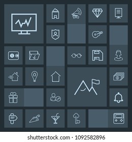 Modern, simple, dark vector icon set with map, business, present, alarm, arrow, web, alert, package, doctor, button, medicine, pin, technology, account, estate, bell, travel, guitar, finance icons