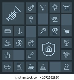 Modern, simple, dark vector icon set with house, ladder, crash, circle, concept, estate, lock, vintage, bugle, step, video, film, speed, trumpet, home, male, helicopter, glass, phone, window, up icons