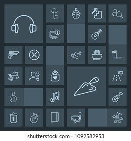 Modern, simple, dark vector icon set with delivery, music, bin, recycling, road, guitar, note, shovel, task, water, musical, stereo, audio, equipment, plan, garbage, baja, tower, fashion, style icons