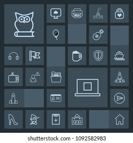 Modern, simple, dark vector icon set with white, music, musical, female, castle, estate, style, name, launch, network, paper, file, internet, house, online, identity, identification, owl, tower icons