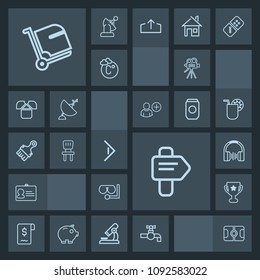 Modern, simple, dark vector icon set with document, music, faucet, sign, bag, tripod, sound, luggage, right, arrow, sale, football, id, first, button, bathroom, baggage, way, mask, stadium, sea icons
