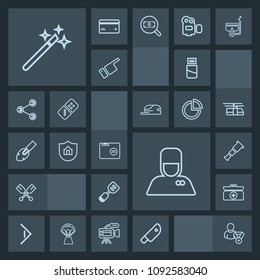 Modern, simple, dark vector icon set with food, tool, business, kit, usb, bellhop, aid, paper, office, canoe, sky, profile, boat, cut, paddle, button, service, hospitality, space, wizard, hotel icons