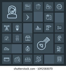 Modern, simple, dark vector icon set with money, camera, card, bbq, technology, boat, tripod, call, plastic, musical, business, barbecue, office, arrow, web, north, instrument, travel, road, map icons