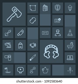 Modern, simple, dark vector icon set with internet, pencil, place, drink, hammer, video, retro, stationery, audio, pen, sign, finance, tripod, travel, hot, tea, money, call, business, road, bag icons