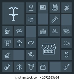 Modern, simple, dark vector icon set with music, cafe, trumpet, shop, buy, paper, direction, record, retro, object, gramophone, table, white, plane, ice, concert, aircraft, referee, pub, cream icons