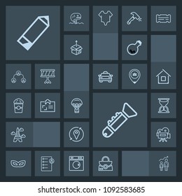 Modern, simple, dark vector icon set with camera, landmark, parachute, location, celebration, medicine, progress, tower, bugle, masquerade, jazz, paris, pen, laboratory, hour, time, carnival icons