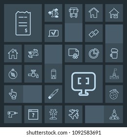 Modern, simple, dark vector icon set with work, stationery, laptop, hand, bill, room, computer, hyperlink, finance, aircraft, pencil, tap, flight, index, shuttle, travel, building, launch, pen icons