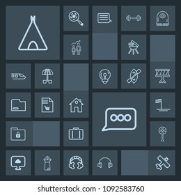 Modern, simple, dark vector icon set with adventure, message, house, electric, airplane, airport, tent, fan, chat, grill, stereo, bbq, folder, sound, speech, aircraft, music, camp, home, cooking icons