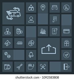 Modern, simple, dark vector icon set with gift, message, car, bell, sign, finance, oar, travel, water, device, graph, bus, present, website, internet, vehicle, exit, escape, business, transport icons