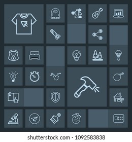 Modern, simple, dark vector icon set with print, protection, biology, protect, shovel, planet, jazz, bugle, technology, travel, rocket, musical, war, estate, watch, falling, nuclear, house, rent icons