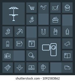Modern, simple, dark vector icon set with click, page, bar, retro, conference, camera, screen, pub, web, person, meeting, transport, loud, transportation, arrow, woman, internet, public, light icons