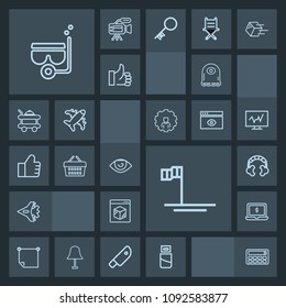 Modern, simple, dark vector icon set with monster, airplane, plug, water, jetliner, audio, button, beach, screen, eye, body, internet, computer, snorkel, sound, plane, calculator, office, paper icons