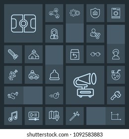 Modern, simple, dark vector icon set with hammer, gramophone, pitch, soccer, hat, wand, fashion, tool, musical, magician, magic, travel, destination, screwdriver, record, online, cap, man, drink icons