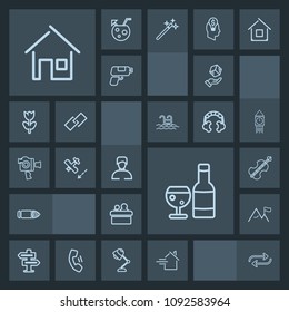 Modern, simple, dark vector icon set with door, public, element, hanger, substitute, wine, package, musical, shipping, house, box, white, music, glass, red, gun, property, nature, home, sound icons
