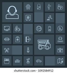 Modern, simple, dark vector icon set with transport, file, office, courthouse, law, dump, taxi, exit, support, paddle, box, water, canoe, folder, spacesuit, service, oar, astronaut, justice, kit icons