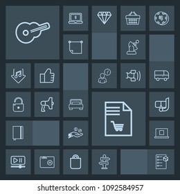 Modern, simple, dark vector icon set with arrow, supermarket, cargo, furniture, page, space, technology, checklist, package, video, bed, business, list, profile, musical, guitar, interface, way icons