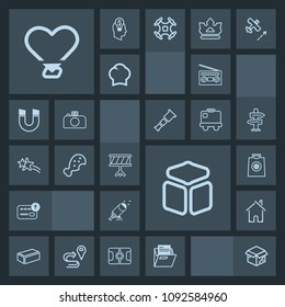 Modern, simple, dark vector icon set with unpacking, currency, office, musical, new, building, chicken, box, square, money, construction, sound, home, finance, music, brick, buy, cube, heart icons