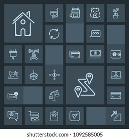 Modern, simple, dark vector icon set with home, upstairs, architecture, debit, package, weight, sewing, business, money, dollar, measurement, finance, technology, web, investment, chat, house icons