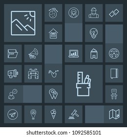 Modern, simple, dark vector icon set with interior, landscape, courthouse, email, paper, office, chair, trumpet, musical, world, electricity, location, comfortable, room, law, web, home, clock icons