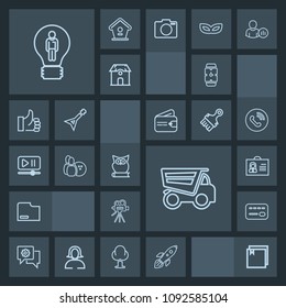 Modern, simple, dark vector icon set with creative, dump, clock, card, truck, retro, minute, mobile, money, launch, space, animal, person, dumper, camera, internet, tripod, rocket, sign, file icons