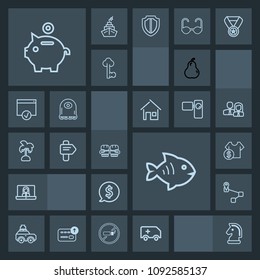 Modern, simple, dark vector icon set with competition, money, location, white, chessboard, luggage, travel, circle, fish, point, bag, map, medical, rescue, sea, fruit, label, navigation, frame icons