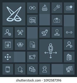Modern, simple, dark vector icon set with currency, internet, hat, search, cap, building, business, computer, estate, human, tripod, lens, phone, direction, captain, arrow, button, touchscreen icons