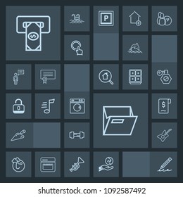 Modern, simple, dark vector icon set with music, fahrenheit, business, clean, paper, fitness, pencil, office, construction, musical, sport, washer, cash, atm, wildlife, equipment, investment icons