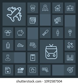 Modern, simple, dark vector icon set with download, bag, avatar, video, transport, instrument, business, travel, leather, shopping, folk, play, plane, flight, buy, sea, camera, sound, nature icons