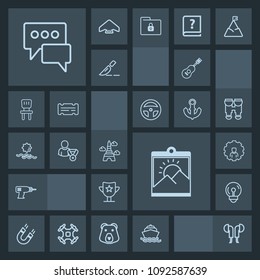 Modern, simple, dark vector icon set with equipment, award, electricity, pole, hand, machine, frame, magnetic, energy, win, web, message, blank, water, internet, musical, technology, ocean, work icons