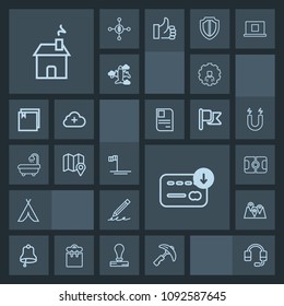 Modern, simple, dark vector icon set with money, sport, picking, hand, headset, football, support, house, education, building, adventure, tent, sack, pen, finance, baja, crane, call, bell, web icons