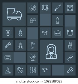 Modern, simple, dark vector icon set with nuclear, shuttle, hammer, landscape, uniform, balance, falling, drill, launch, employee, space, job, clothing, people, employer, success, construction icons