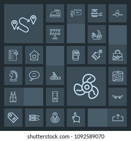 Modern, simple, dark vector icon set with hand, marine, undersea, download, air, uniform, skateboard, boat, extreme, click, fan, skate, drink, sea, cold, sale, cool, skater, point, ventilator icons