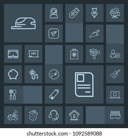 Modern, simple, dark vector icon set with identity, guitar, cap, business, interior, wooden, spoon, profile, cigarette, personal, car, internet, navigation, kite, home, kitchen, pencil, shovel icons