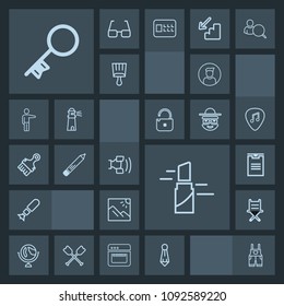 Modern, simple, dark vector icon set with security, furniture, internet, armchair, landscape, shipping, world, work, tie, package, bomb, box, key, fashion, planet, profile, technology, sign, red icons