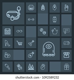 Modern, simple, dark vector icon set with fahrenheit, watch, hand, folk, minute, game, rocket, monster, mask, sport, spaceship, technology, telephone, clock, present, music, water, space, summer icons