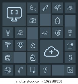 Modern, simple, dark vector icon set with equipment, bag, jewelry, travel, diamond, architecture, cargo, leather, abstract, laptop, home, favorite, add, gem, crystal, cloud, building, location icons