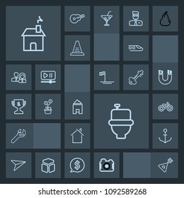 Modern, simple, dark vector icon set with cycle, tool, bicycle, photography, investment, photographer, restroom, rudder, growth, spanner, string, instrument, helm, money, folk, nautical, message icons