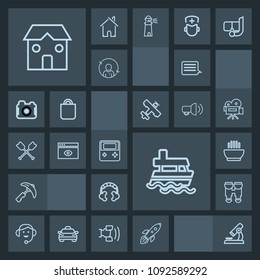 Modern, simple, dark vector icon set with sound, arrow, vision, button, vessel, business, shuttle, launch, industry, dinner, hot, office, ocean, center, rocket, equipment, boat, message, optical icons