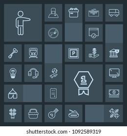 Modern, simple, dark vector icon set with achievement, winner, bill, sea, display, beacon, bank, sign, box, first, package, satellite, delivery, war, space, army, cash, lighthouse, travel, money icons